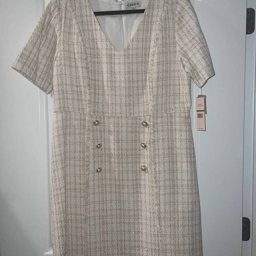 Nanette Lepore Cream Tweed Midi Dress with Gold Buttons